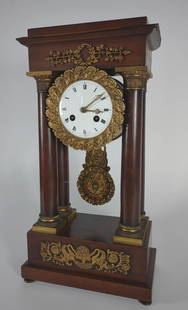 19th C Vincenti H&H French Portico clock: 19th century portico clock made by Vencenti for H&H. Last known service date was in Rockville, Maryland in 1991. Clock needs adjustment and oiling. Clock winds up and pendulum swings, but stops after