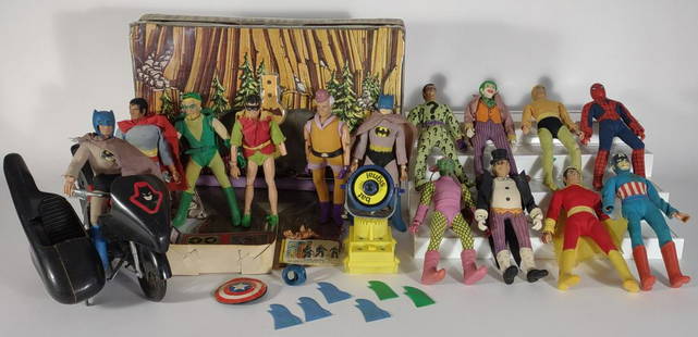 1970s Mego Super Hero Action Figures & Batcave: Includes 14 vintage Mego Corp super hero action figures and Mego Batman Batcave playset with original accessories. Played with condition. Circa 1970s. Robin, Batman, and Captain America all have 1