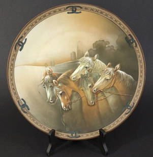 Nippon High Relief Porcelain Horse Plate / Plaque: Nippon hand painted high relief plaque with 5 horses. 10.5" diameter. Nippon makers mark is present on back. This is a hard to find nippon piece, and a great collection for equestrian collectors.
