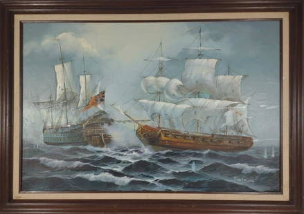 Naval Battle Oil Painting After Angel Sanchez: Artist reproduction painting of Combat of a Spanish frigate against the British ship Stanhope (c1710). Original painting was by Angel Cortellini Sanchez. Artist signature present on bottom right