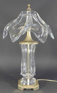 Cofrac Art Verrier French Crystal Table Lamp: Mid Century Modern heavy crystal shade and base table lamp with metal base. Made in France. Tested and works. Very heavy.Due to heavy weight, in-house shipping is not offered for INTERNATIONAL