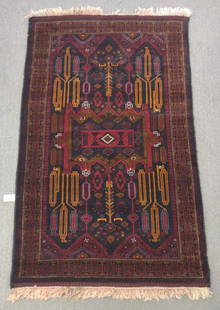 Hand Knotted Persian Zanjan Rug 4'1" x 7': Measures 4'1" x 7'. Hand knotted wool Persian Zanjan rug with dark red and bright contrasting orange and blue colors. Geometrical patterned medallion pattern.