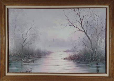 Robinson Foggy Morning Landscape Oil Painting: Beautiful oil on canvas of foggy morning on the water with rowboats in the foreground and geese flying within the background. Artist signature present on bottom left, signed Robinson. Framed in wood