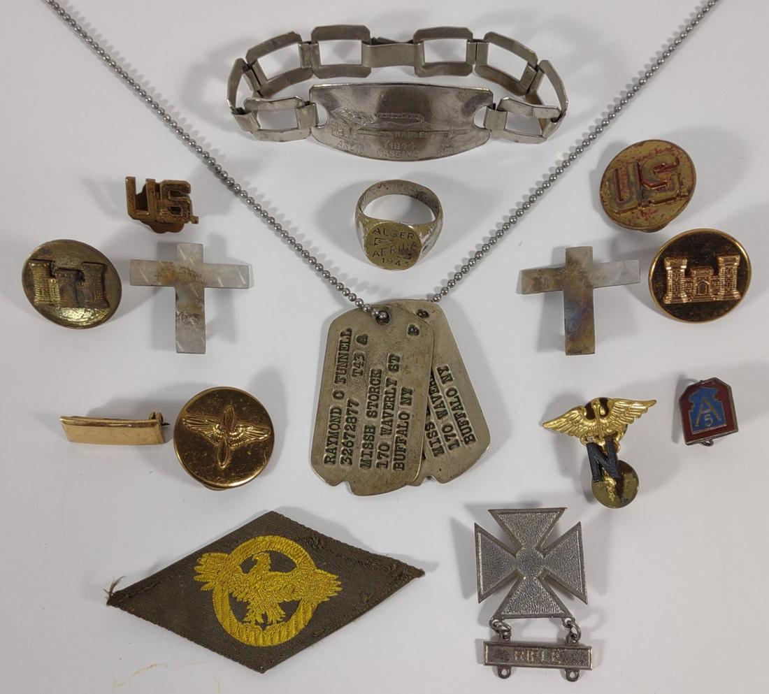 WWII US Military Trench Art, Medals, & Pins: Includes WWII Naples trench art bracelet (1944), 1943 Algeria Africa ring, WWII Nurse Corps pin, US 5th army pin, WWII Army corps of engineers pins, WWII US Airforce pin, US Honorable discharge patch,
