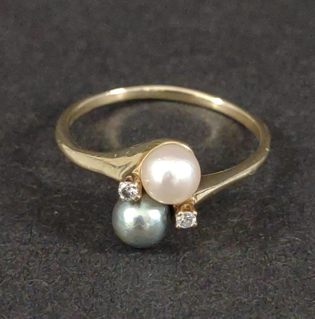 14K Gold Black & White Pearl Ring w/ Diamonds (1 of 4)