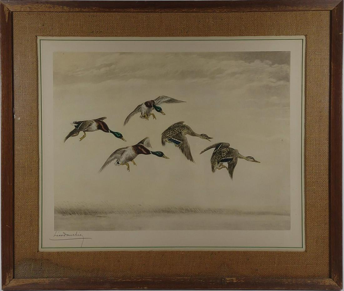 Leon Danchin Signed Duck Etching w/ COA: Leon Danchin (1887-1938), "Mallards Coming In" 20th c., colored engraving, hand signed signature present on lower left margin. Includes Certificate of authenticity attached on back. Numbered 37/1651.