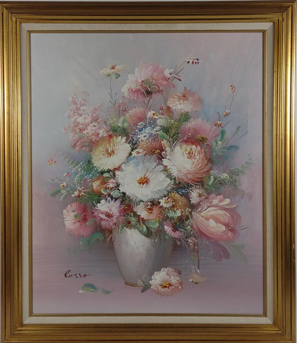 Russo Oil on Canvas of Floral Still Life: Original still life painting of flowers in vase. Signed on bottom left corner, Russo. Stretched and mounted in golden painted wooden frame. Frame measures: 24.5" x 29". Very good condition.
