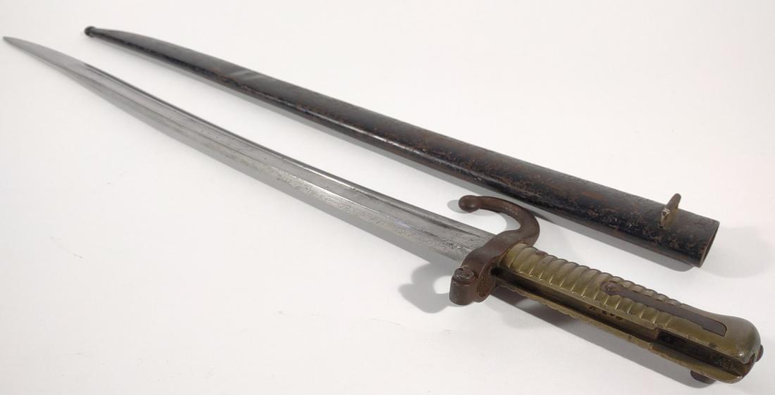 19th C. French Chassepot Bayonet w/ Scabbard: Antique 19th century french military chassepot bayonet with scabbard.