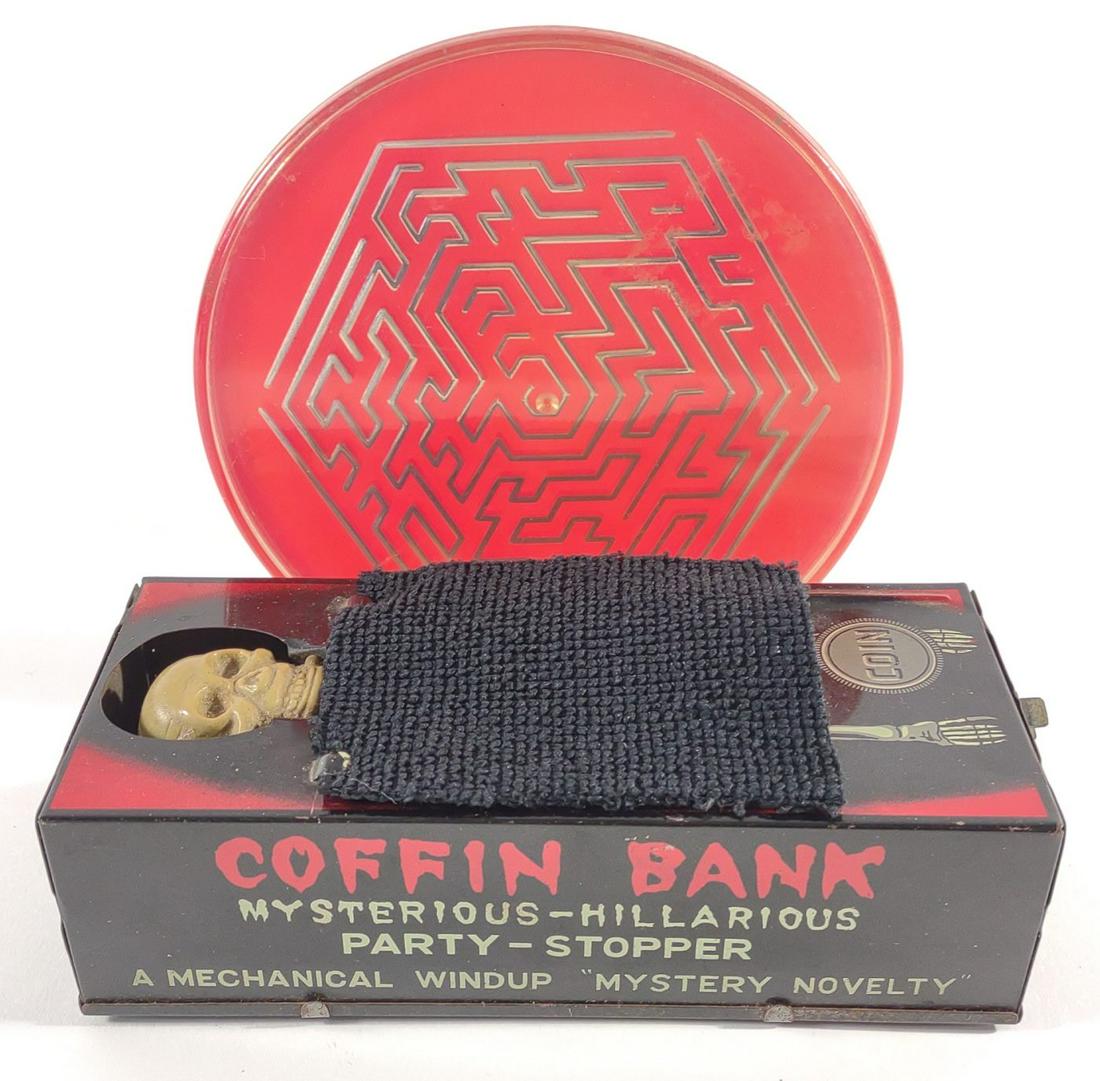 Tin Windup Coffin Coin Bank & Mercury Maze Puzzle (1 of 7)