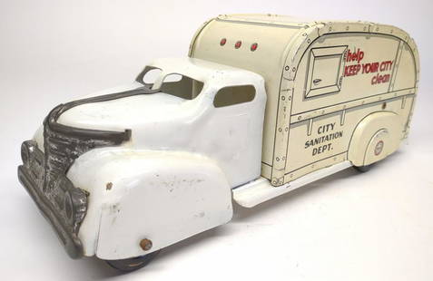 Marx Pressed Steel City Sanitation Toy Truck: Vintage 1940s Marx pressed steel City Sanitation Department garbage toy truck.