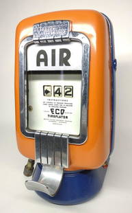 Eco Model 97 Air Meter Tireflator: Restored ECO model 97 wall mounted Tireflator. Repainted with orange, blue and chrome. Includes wall mount stand. Original ID plate on back. Serial number: 6 V3954. Spec number 97 1000. Model 97.