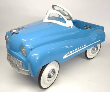 1950s Murray Champion Jet Flow Drive Pedal Car: Restored 1950s Murray Champion Jet Flow Drive pedal car in deep blue. Has been repainted and chromed. Label on backside of seat, Murray O. Cleve O. USA. Some scuffs to paint in spots and paint