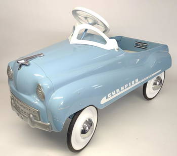 1950s Murray Champion Jet Flow Drive Pedal Car: Restored 1950s Murray Champion Jet Flow Drive pedal car in light blue. Has been repainted and chromed. Label on backside of seat, Murray O. Cleve O. USA. Some scuffs to paint in spots, overall very