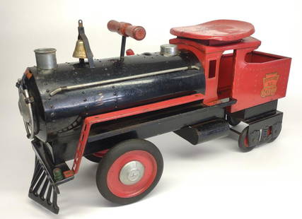 Keystone 6400 Ride On Locomotive Train Engine: 1930s Keystone ride-on toy locomotive train with original paint and decals. Has all wheels with working wooden steering bar and bell. Some wear to paint.