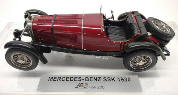 EMC 1/43 Mercedes Benz SSK 1930 Model Car: Created by EMC models, Vladimir Pivtorak. #183 of 200 made. 1/43 scale model car of 1930 Mercedes Benz SSK. EMC models are of very limited quantity and are a rare find. Mounted onto dust proof