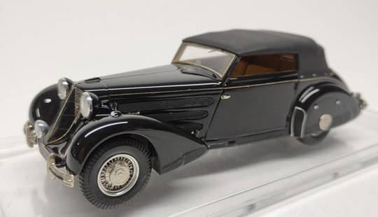 EMC 1/43 1936 Mercedes Benz 540K Model Car: Created by EMC models, Vladimir Pivtorak. 1/43 scale model car of 1936 Mercedes Benz 540K. EMC models are of very limited quantity and are a rare find. Mounted onto dust proof display case.