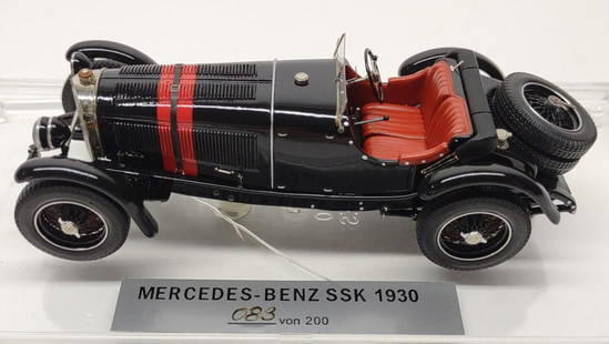 EMC 1/43 Mercedes Benz SSK 1930 Model Car: Created by EMC models, Vladimir Pivtorak. #83 of 200 made. 1/43 scale model car of 1930 Mercedes Benz SSK. EMC models are of very limited quantity and are a rare find. Mounted onto dust proof display