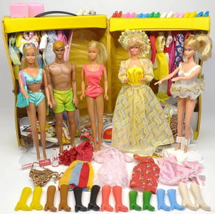 Vintage 1970s Barbie Dolls, Outfits & Accessories: 5 Barbies total, including 1978 Sun Lovin Malibu Barbie, 1974 Sunset Malibu Ken, 1975 Malibu Barbie, 1976 Barbie Ballerina, and 1978 Pretty Changes Barbie. All have their original outfits. Also includ