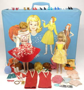 Vintage 1960s Skipper & Midge Barbie Dolls: Includes 1966-67 Midge doll with bendable legs. Hair has been cut. 1964 Skipper with straight legs. Marked Japan on foot. Also includes wigs, accessories, and barbie and midge case.