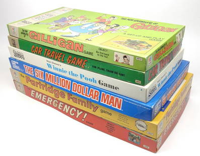 6 Vintage TV Show Board Games (Complete Sets): Group of 6 late 1960s-70s TV and Movie board games. All pieces are included. Includes Milton Bradley "The Emergency", MB "The Partridge Family Game", Parker "The Six Million Dollar Man", Parker "Walt