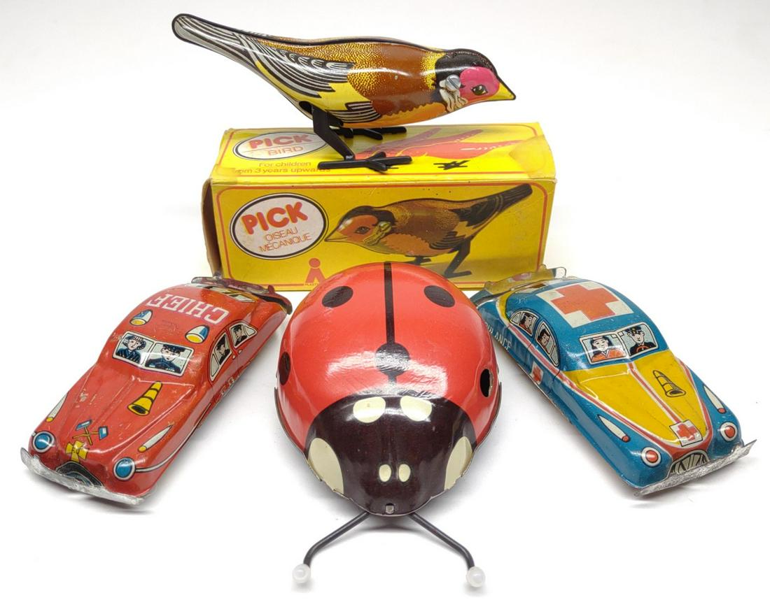 4 Vintage Tin Windup Pick Bird, Ladybug & Cars (1 of 9)