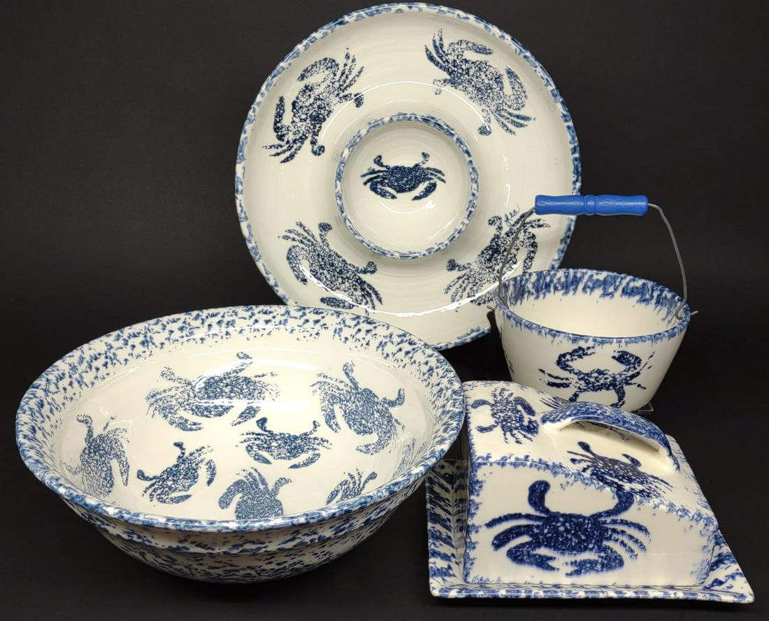 4 Blue & White Spongeware Crab Bowls & Serveware: A set of 4 ceramic pottery spongeware blue and white crab decorated bowls, dip tray, and covered butter tray. Excellent condition. Signed "Lea".