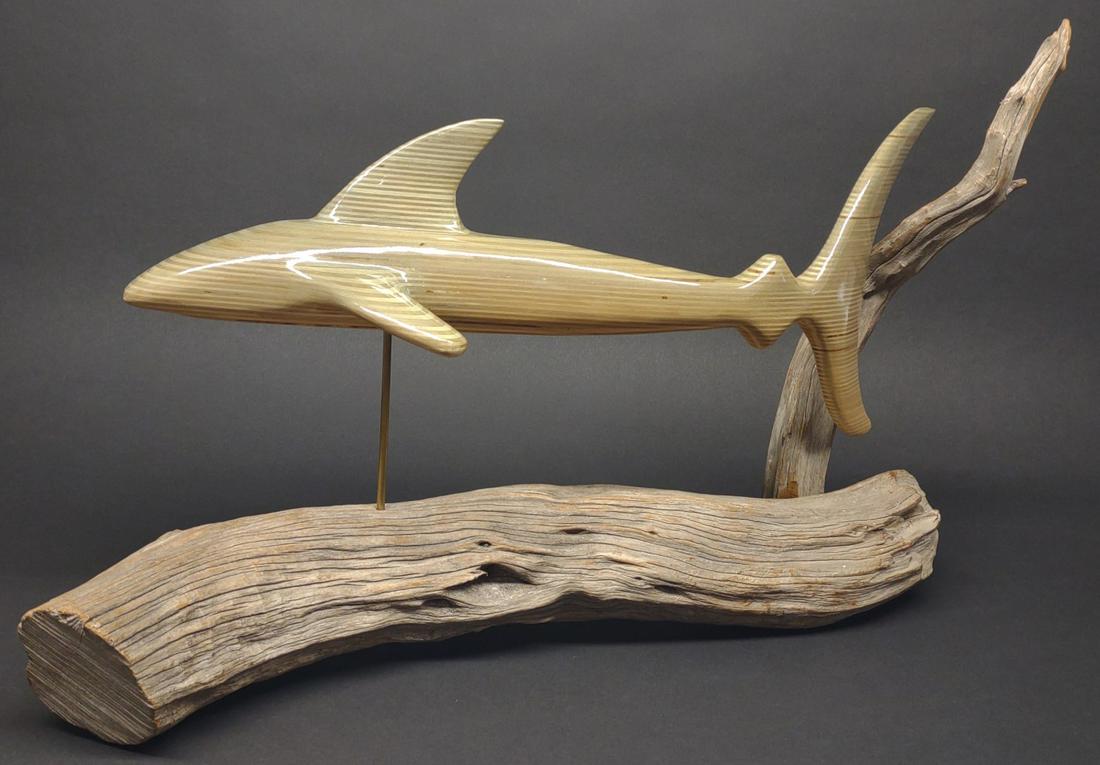 Signed Wood Carved Shark Sculpture on Driftwood: Signed on underside "Mishel Hosh 2008". Excellent condition. 23" long x 15" tall. Shark is removable from dowel.