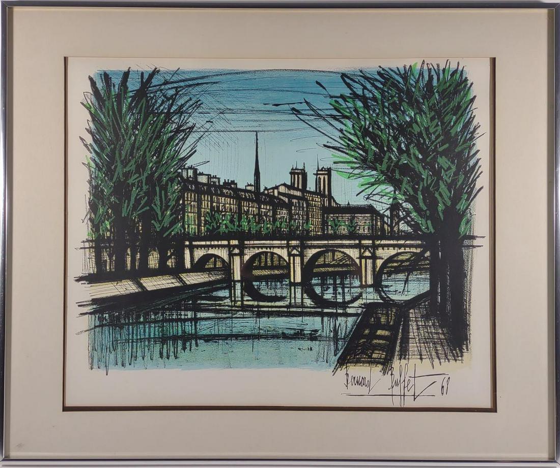 Bernard Buffet Lithograph Collectors Guild Art: Le Pont Neuf lithograph in frame by Bernard Buffet. From The Collectors Guild, New York. Informative slip on verso of frame.