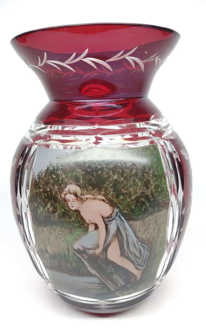 Bohemian Hand Painted Ruby Cut to Clear Vase (1 of 7)