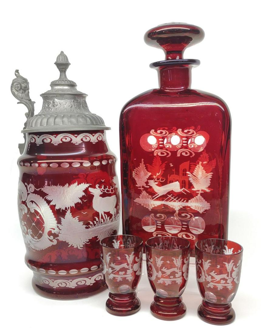 Bohemian Ruby Cut to Clear Stein & Decanter Set (1 of 14)