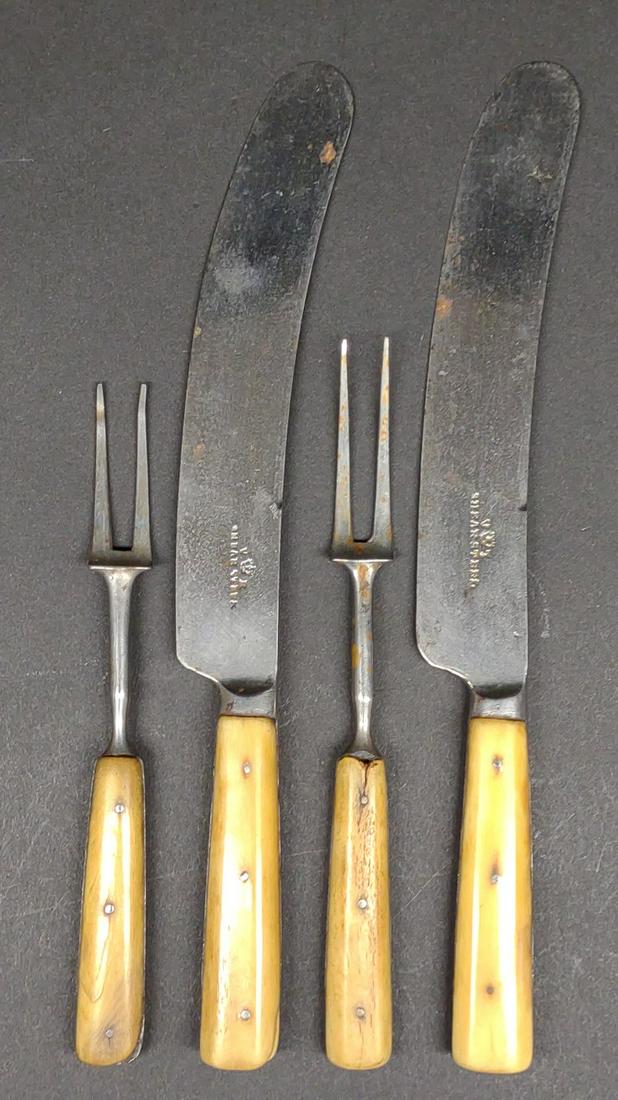 Antique Thomas Turner & Co Flatware Set: Antique, early to mid 19th century, 4 piece flatware knife and tine fork set by Thomas Turner & Co (Sheffield). Blade is marked with V, Crown, R. Bone handle.
