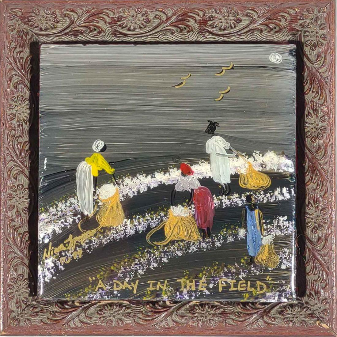 Nina Spencer Tile Painting 'Day in the Field': Framed acrylic on tile titled 'Day in the Field' by Nina Spencer of Dover, Delaware. Rehoboth Art League.1999.