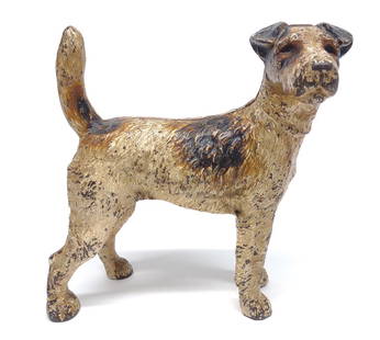 Hubley #279 Cast Iron Fox Terrier Doorstop: Hubley cat. #279 wire hair fox terrier dog doorstop. Cast iron with original paint and screw. Screw still has original spackling / filler. Stands 8.5" tall by 9" long. Vintage.