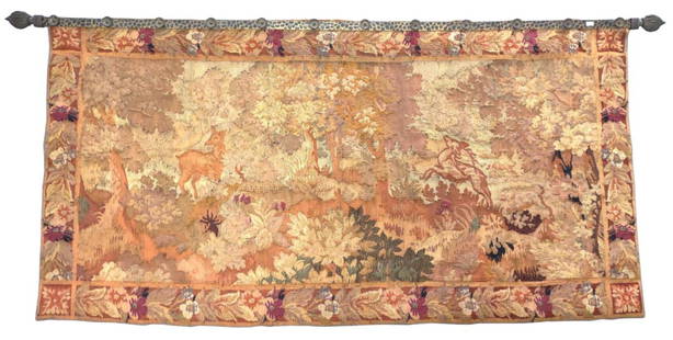 Antique French Wall Tapestry of Deer (Hand Woven): Antique, 18th-19th century French tapestry depicting traditional deer and forest scene. Handmade / hand woven with loose threading and border striping on backside. Mounted on iron wall valance (added