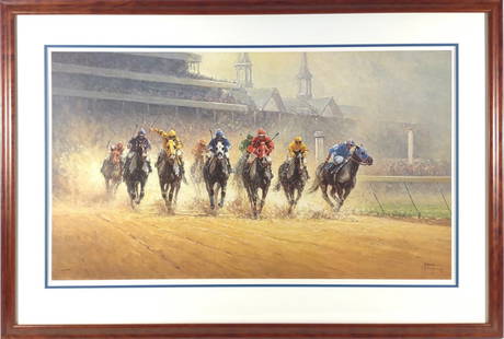 G. Harvey Signed Numbered Horse Racing Print: G. Harvey signed and numbered jockey and horse racing print in frame. Titled "Test of Champions". Artist signature on lower right corner. Numbered on left 1352 of 1950. Excellent condition.