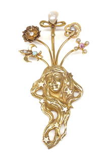 14k Gold Art Nouveau Goddess Brooch (10.61g): Total Weight: 10.61 grams. Vintage art nouveau 14 karat yellow gold brooch of goddess Asteria with opal, diamond, pearls, and amethyst. Marked '14K' with makers mark ("+" within circle). Tested.