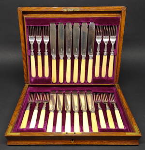 24pc Sterling Silver William Hutton Sons Fish Set: Antique 24 piece sterling silver fish knife and fork serving silverware set. Crafted by silversmith William Hutton & Sons. Circa late 1800s to early 1900s. Each is marked with Hutton makers mark, Lond