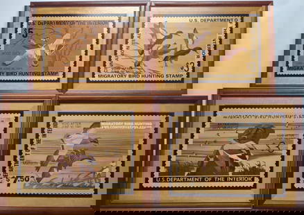 4 Hudson River Inlay Marquetry Duck Stamp Art: Set of 4 Hudson River Inlay wood marquetry federal duck stamp artwork. Stamps include 1959, 1980, 1971, and 1974. All are in excellent condition with hudson river inlay label on verso of each frame.