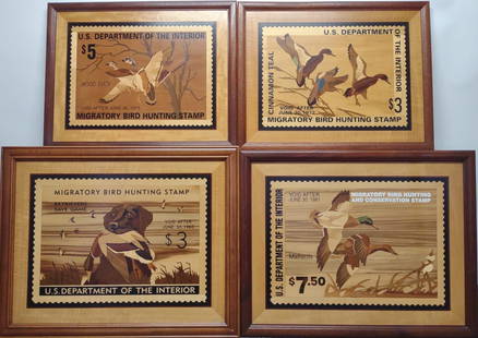 4 Hudson River Inlay Marquetry Duck Stamp Art: Set of 4 Hudson River Inlay wood marquetry federal duck stamp artwork. Stamps include 1959, 1980, 1971, and 1974. All are in excellent condition with hudson river inlay label on verso of each frame.