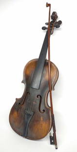 19th C. Joh Bapt Schweitzer Violin & Bow: Inside of violin is marked with original label stating "Joh. Bapt. Schweitzer, hieronym amati pestini 1807". Backside of violin body is marked "Schweitzer". Not original strings, bow missing hairs. Bo