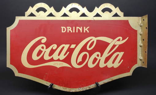 1937 Drink Coca Cola Flange Sign (Double Sided): Original vintage 1937 "Drink Coca Cola" double sided flange sign. A.W.W. 1937. Some paint wear on edges and base.