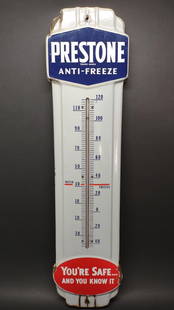 Prestone Porcelain Anti-Freeze Thermometer (Works): Vintage original Prestone porcelain on steel advertising thermometer. 36" long. Some porcelain wear present on bottom and top left corner. Still has original bulb, in working condition!