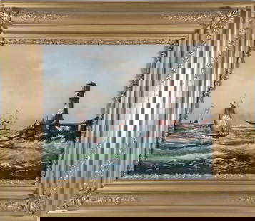 Antique Reverse Glass Painting of Lighthouse: Antique reverse painting on glass of lighthouse with sail boats and ship. Excellent condition with use of MOP details. Frame has been repainted.