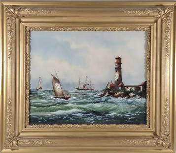 Antique Reverse Glass Painting of Lighthouse: Antique reverse painting on glass of lighthouse with sail boats and ship. Excellent condition with use of MOP details. Frame has been repainted.