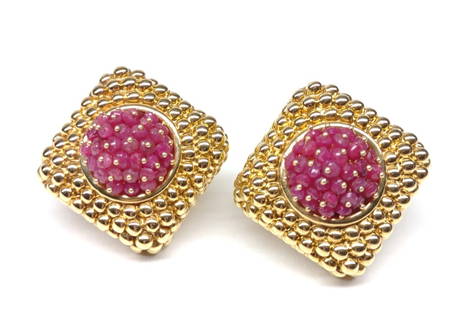 18k Gold & Ruby Square Earrings (11.59g): Total Weight: 11.59 grams. Pair of square 18 karat yellow gold and ruby seed post earrings. 23mm x 23mm. Marked '750 ITALY'. Both have been tested for purity.