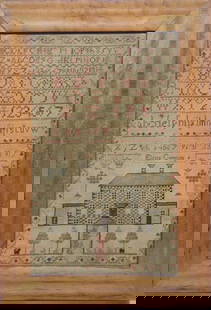 Antique Eliza Cumming Scottish Sampler: Antique Scottish needlework sampler in frame by Eliza Cumming. Use of reds and green lettering with details of a house, trees, "Eliza Cumming 8", and family initials.