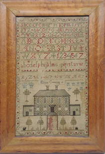 Antique Eliza Cumming Scottish Sampler: Antique Scottish needlework sampler in frame by Eliza Cumming. Use of reds and green lettering with details of a house, trees, "Eliza Cumming 8", and family initials.