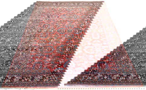 Hand Knotted Persian All-Over Rug 12 x 9 ft: Measures 11' 8" x 8' 11". Semi antique hand knotted wool Persian area rug with floral motif all-over pattern. Medium wool pile with white cotton weft backing and short fringe ends. Colors: red, blue,