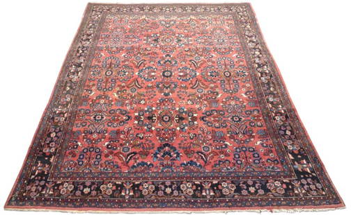 Hand Knotted Persian All-Over Rug 12 x 9 ft: Measures 11' 8" x 8' 11". Semi antique hand knotted wool Persian area rug with floral motif all-over pattern. Medium wool pile with white cotton weft backing and short fringe ends. Colors: red, blue,