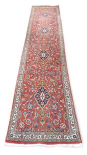 Persian Kashan Hand Knotted Runner Rug 13 x 2'11": Measures 13' x 2' 11". Hand knotted 100% wool pile Kashan runner rug. Short tight pile with leather edge strips on underside to prevent edge wear. Features highly detailed floral and tear motifs with